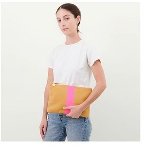 Clare V. Camel with Neon Pink Stripe Clutch